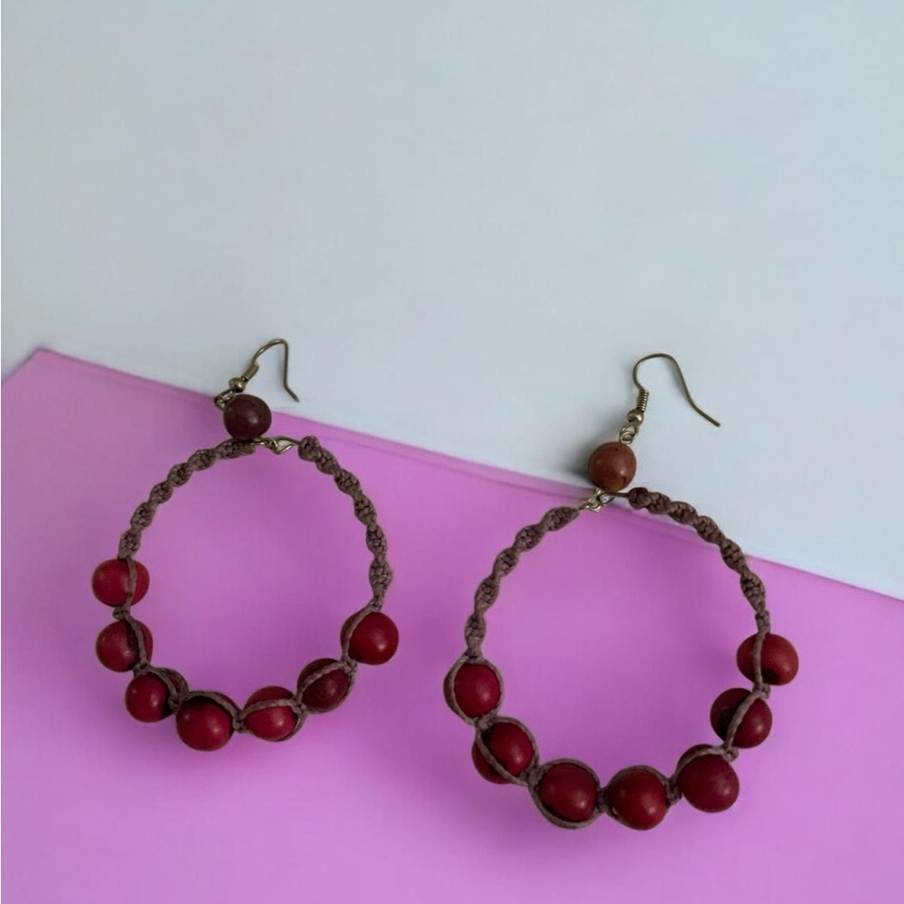Large Tagua Nut Hoop Dangle Circle Earrings Cranberry Color 3”